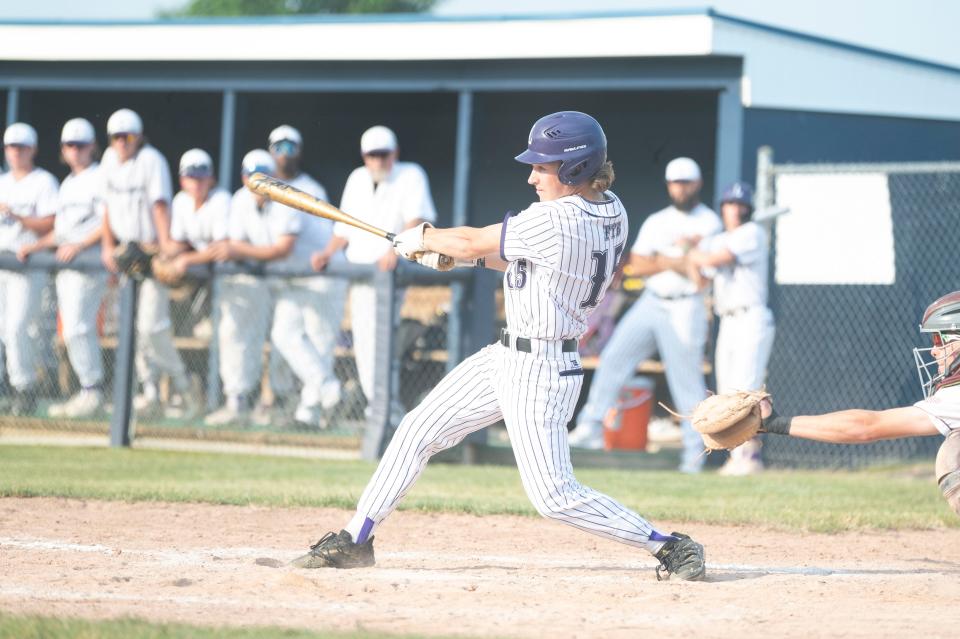 Lakeview junior Keegan Hutchinson takes a swing during a regional playoff game against Okemos at DeWitt High School on Wednesday, June 7, 2023.