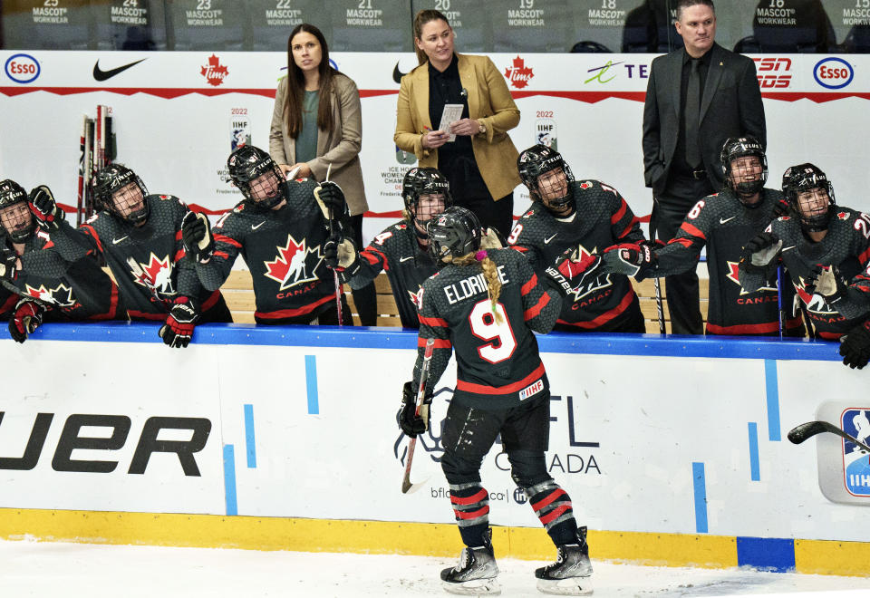 Canada's Kristin O'Neill celebrates after scoring during the IIHF World Championship women's hockey semi-finals match between Canada and Switzerland in Herning, Denmark, Saturday, Sept. 3, 2022. (Henning Bagger/Ritzau Scanpix)