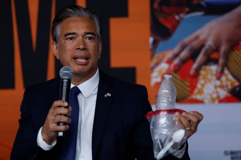 California Attorney General Rob Bonta announces a lawsuit against oil giant Exxon Mobil over its alleged role in global plastic waste pollution during a press conference in New York City