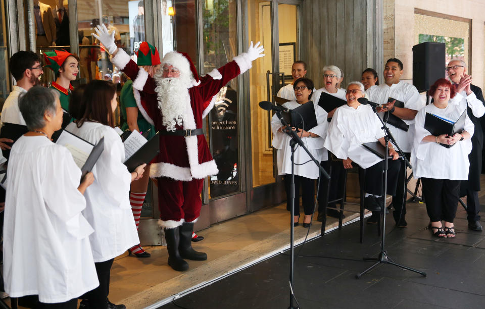 SYDNEY, AUSTRALIA - NOVEMBER 09: Santa greets customers during the 2019 Christmas Window unveiling at David Jones Market Street on November 09, 2019 in Sydney, Australia. (Photo by Don Arnold/Getty Images for David Jones)