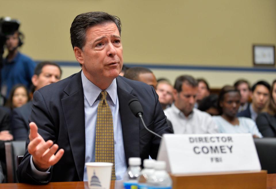 Former FBI Director James Comey testifies before the House Oversight Committee over Hillary Clinton’s email system on July 7, 2016. <a href="https://www.gettyimages.com/detail/news-photo/july-7-2016-u-s-fbi-director-james-comey-testifies-before-news-photo/545541796?adppopup=true" rel="nofollow noopener" target="_blank" data-ylk="slk:Xinhua/Bao Dandan via Getty Images;elm:context_link;itc:0;sec:content-canvas" class="link ">Xinhua/Bao Dandan via Getty Images</a>