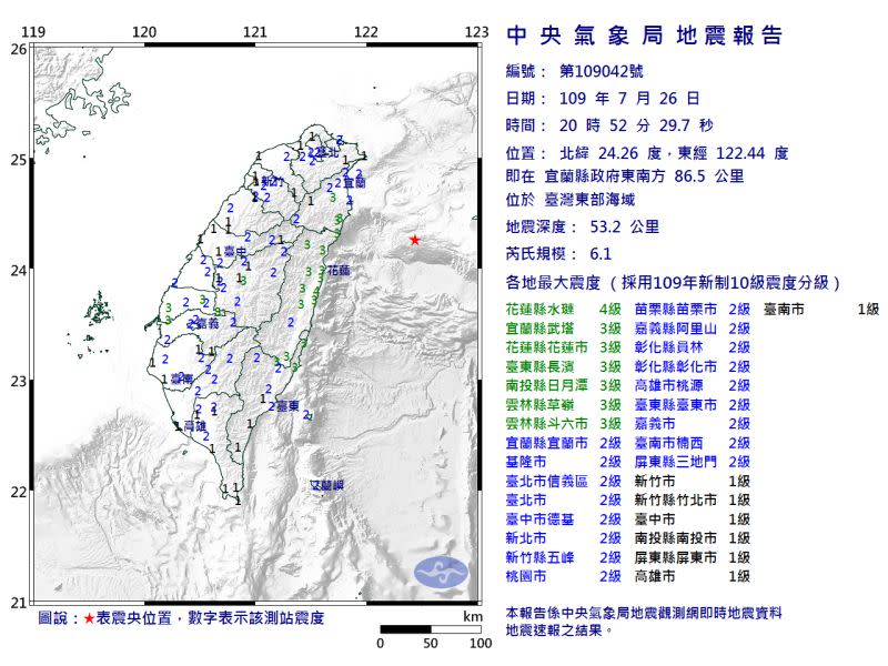 ▲氣象局發布今（26）日晚間8點52的地震調查報告，中央氣象局地震測報中心主任陳國昌表示，未來一週內不排除再有規模4以上的餘震發生。（圖／擷取自中央氣象局）