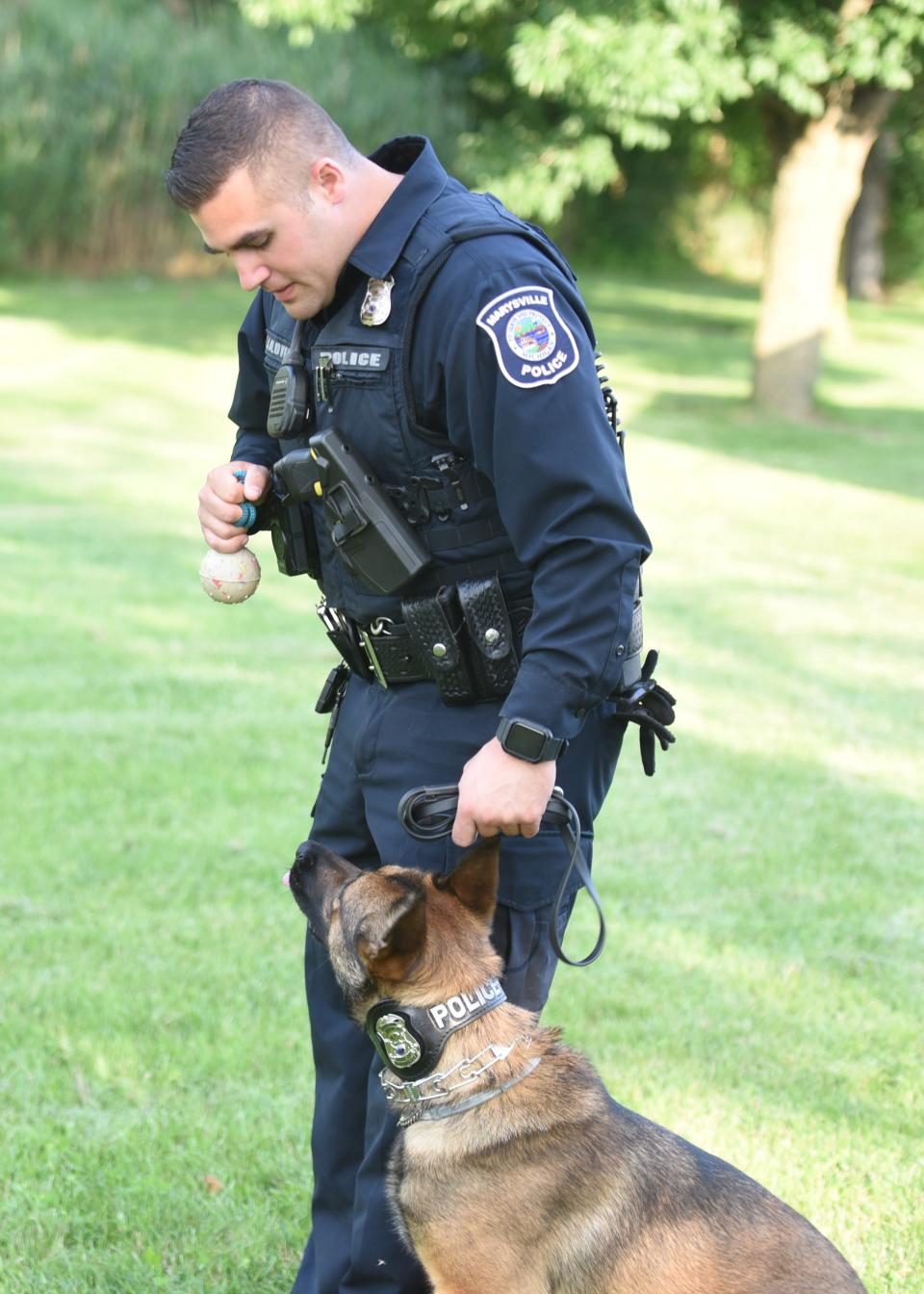 Marysville Police Officer Travis Baldwin works with Zeva on obedience training. She has to sit before she can have the ball.