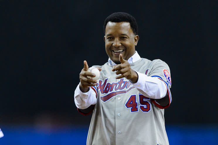MONTREAL, QC - APRIL 01: Former Montreal Expos pitcher Pedro Martinez thanks the fans during the MLB spring training game between the Toronto Blue Jays and the Boston Red Sox at Olympic Stadium on April 1, 2016 in Montreal, Quebec, Canada. (Photo by Minas Panagiotakis/Getty Images)