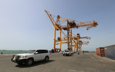 FILE PHOTO: A convoy of vehicles transporting U.N. envoy to Yemen Martin Griffiths drive during a visit to the Red Sea port of Hodeidah, Yemen November 23, 2018. REUTERS/Abduljabbar Zeyad/File Photo