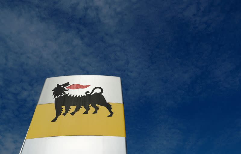 FILE PHOTO: The logo of Italian energy company Eni is seen at a gas station in Rome