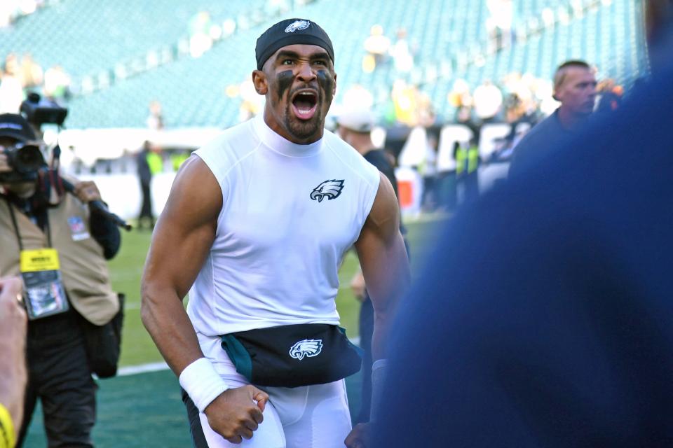Jalen Hurts runs off the field after the Philadelphia Eagles' win against the Pittsburgh Steelers at Lincoln Financial Field.