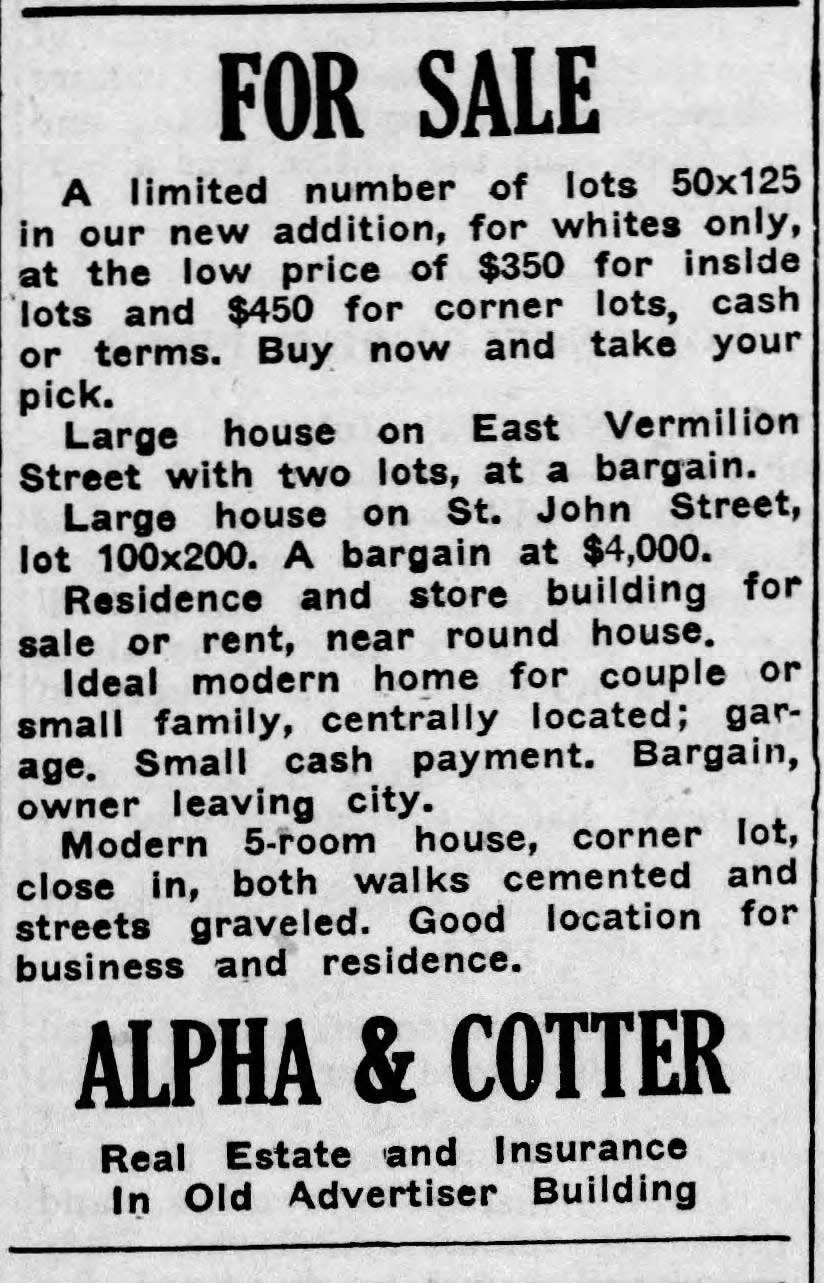 An advertisement for "whites only" homes in Lafayette that ran in the Daily Advertiser in the summer of 1923 prior to the city's racist zoning ordinance that divided the city into white- and Black-only areas.