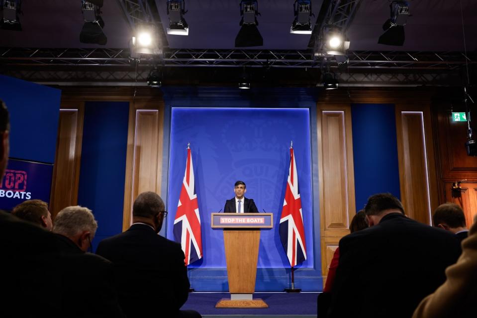 British Prime Minister Rishi Sunak speaks during a news conference on his flagship Rwanda migration policy, in London, Britain, 22 April 2024.