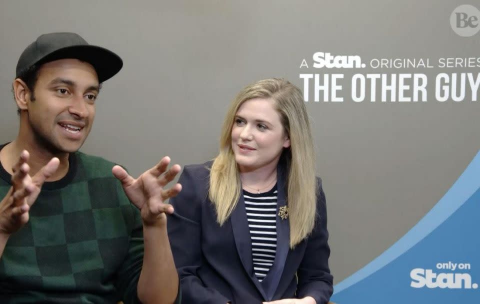 Matt Okine, pictured with The Other Guy co-star Harriet Dyer, chats to Be about how some people expect him to be white after hearing him on the radio. Source: Be