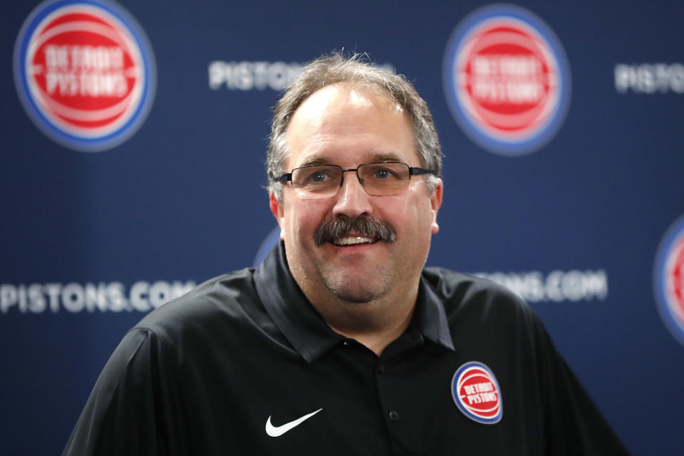 FILE - In this Jan. 31, 2018, file photo, then-Detroit Pistons President and head coach Stan Van Gundy smiles while introducing Blake Griffin as a part of his NBA basketball team in Auburn Hills, Mich. Two people with knowledge of the situation say Stan Van Gundy has agreed to become the next coach of the New Orleans Pelicans, where he'll get the chance to work with No. 1 overall draft pick Zion Williamson. Van Gundy agreed to a four-year contract, according to one of the people who spoke Wednesday, Oct. 21, 2020, to The Associated Press on condition of anonymity because the hiring has not been announced. (AP Photo/Paul Sancya, File)