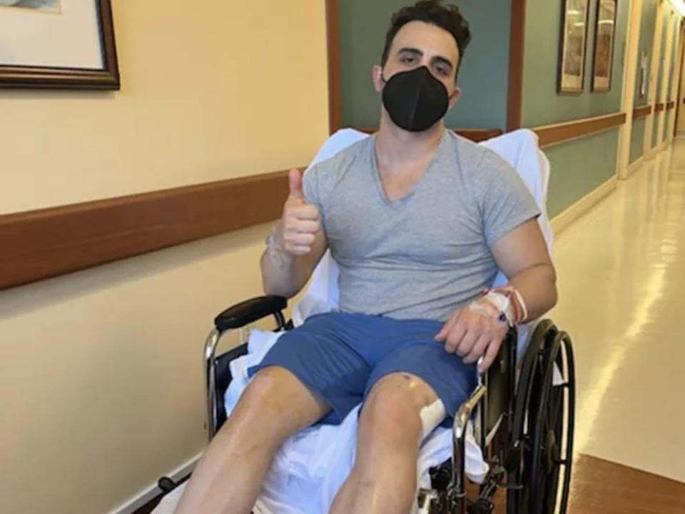 Rich Rotella in a wheelchair after his limb-lengthening surgery.