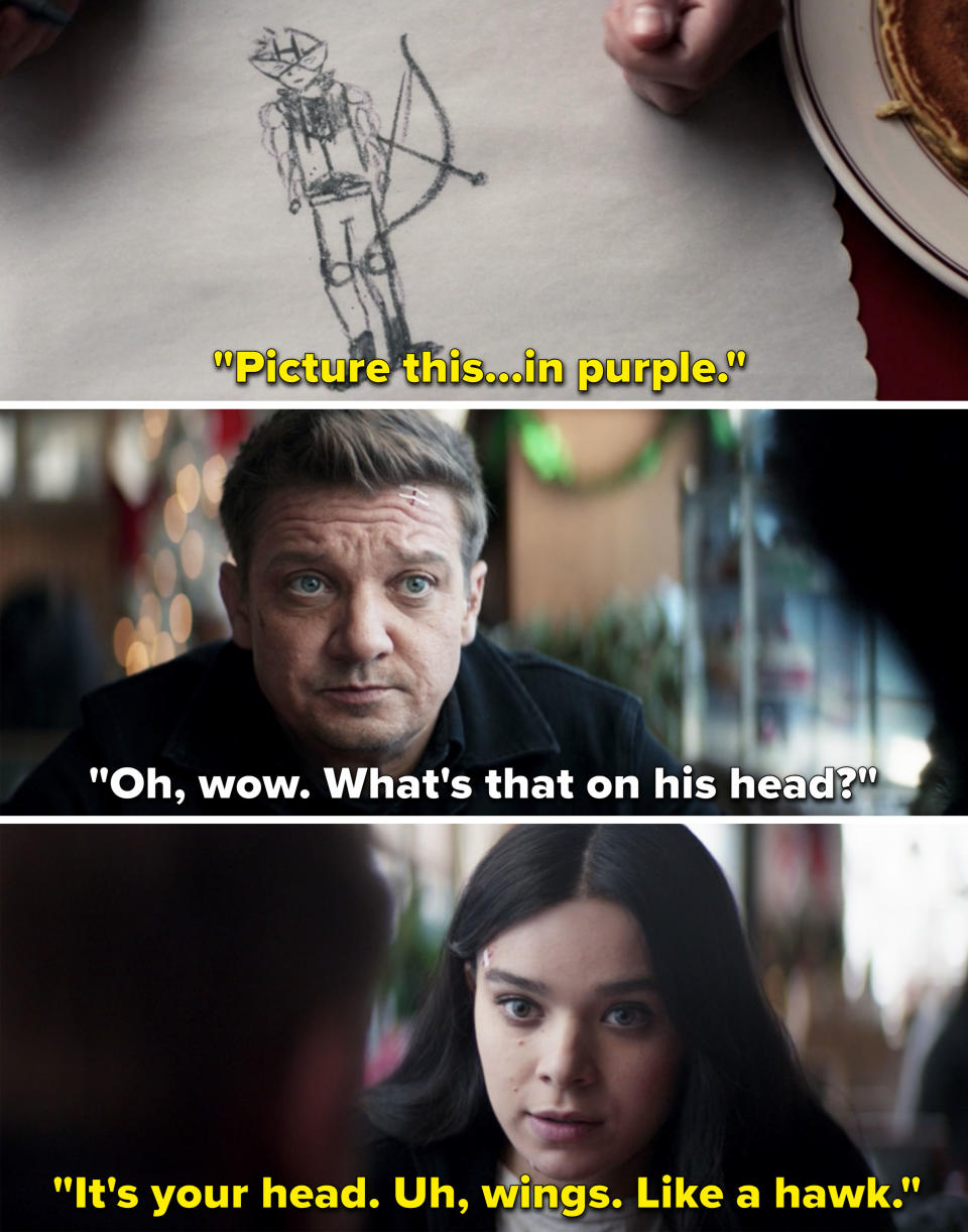 Kate showing Clint a crayon drawing of a Hawkeye suit