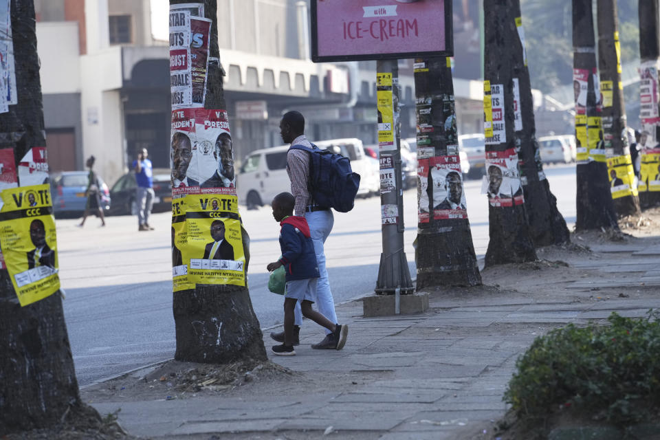 A man and a child walk past trees plastered with campaign posters on the streets of Harare, Sunday, Aug. 20 2023. The upcoming general election in Zimbabwe is crucial to determining the future of a southern African nation endowed with vast mineral resources and rich agricultural land. But for many in the educated but underemployed population, the daily grind to put food on the table inhibits interest in politics. (AP Photo/Tsvangirayi Mukwazhi)