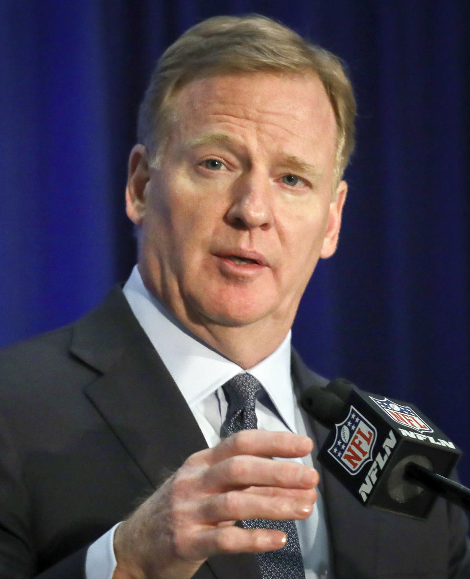 NFL commissioner Roger Goodell speaks during a press conference after the NFL owners meetings , Wednesday, Oct. 17, 2018, in New York. (AP Photo/Bebeto Matthews)