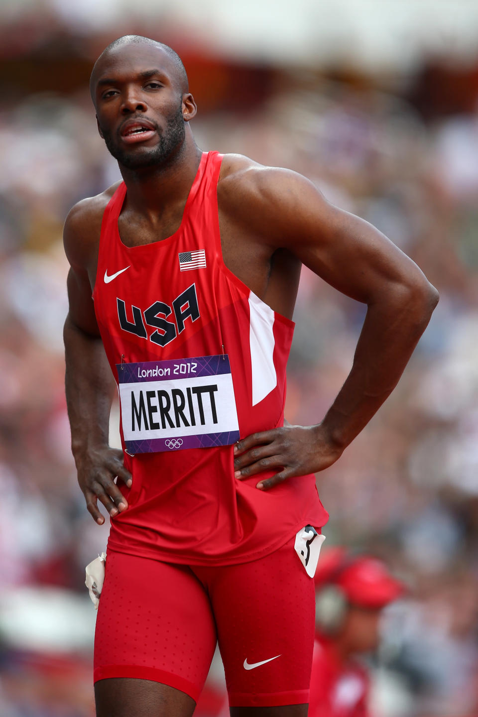 Lashawn Merritt of the United States pulls out with a hamstring injury in the Men's 400m Round 1 Heats on Day 8 of the London 2012 Olympic Games at Olympic Stadium on August 4, 2012 in London, England. (Photo by Michael Steele/Getty Images)