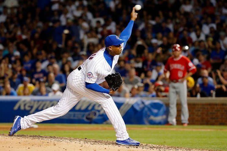 CHICAGO, IL - AUGUST 10:  Aroldis Chapman #54 of the Chicago Cubs pitches against the Los Angeles Angels of Anaheim during the ninth inning at Wrigley Field on August 10, 2016 in Chicago, Illinois. The Chicago Cubs won 3-1.  (Photo by Jon Durr/Getty Images)