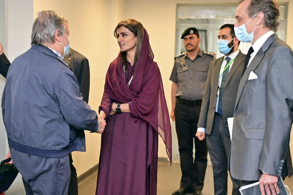 In this handout photo released by Pakistan Foreign Ministry Press Service, U.N. Secretary-General Antonio Guterres, left, was received on his arrival by Deputy Foreign Minister Hina Rabbani Khar in the airport in Islamabad, Pakistan, Friday, Sept. 9, 2022. U.N. Guterres appealed to the world to help Pakistan after arriving in the country Friday to see damage from the record floods that have killed hundreds and left more than half a million people homeless and living in tents under the open sky. (Pakistan Foreign Ministry Press Service via AP)