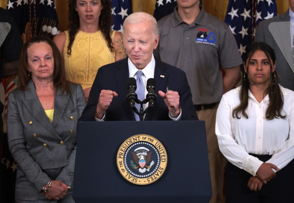 WASHINGTON, DC - AUGUST 16: U.S. President Joe Biden delivers remarks on the first anniversary of the Inflation Reduction Act in the East Room at the White House on August 16, 2023 in Washington, DC. The Inflation Reduction Act aims to curb inflation by reducing the federal government budget deficit, lowering prescription drug prices, and investing into clean domestic energy programs. (Photo by Win McNamee/Getty Images) ORG XMIT: 776019910 ORIG FILE ID: 1619263230