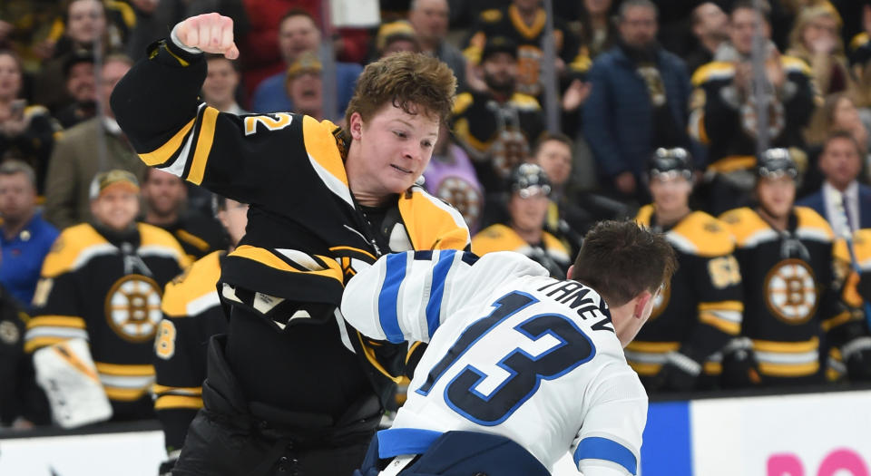 This was approximately the moment that Winnipeg’s Brandon Tanev realized he shouldn’t have fought Boston’s Trent Frederic, who was making his NHL debut. (Photo by Steve Babineau/NHLI via Getty Images)