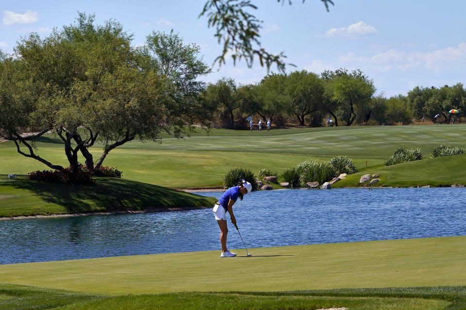 San Jose State golfer Lucia Lopez-Ortega hits on the 18th green during the final round of the NCAA college women's golf championship at Grayhawk Golf Club, Monday, May 22, 2023, in Scottsdale, Ariz. (AP Photo/Matt York)