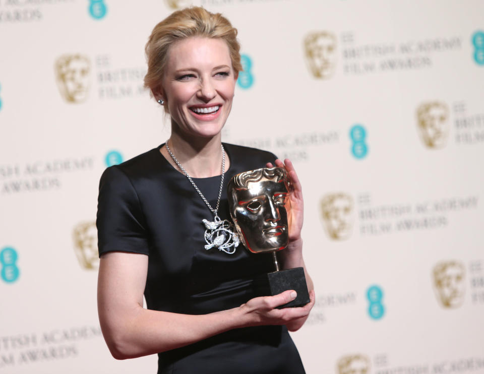 Cate Blanchett, winner of best actress poses for photographers in the winners room at the EE British Academy Film Awards held at the Royal Opera House on Sunday Feb. 16, 2014, in London. (Photo by Joel Ryan/Invision/AP)