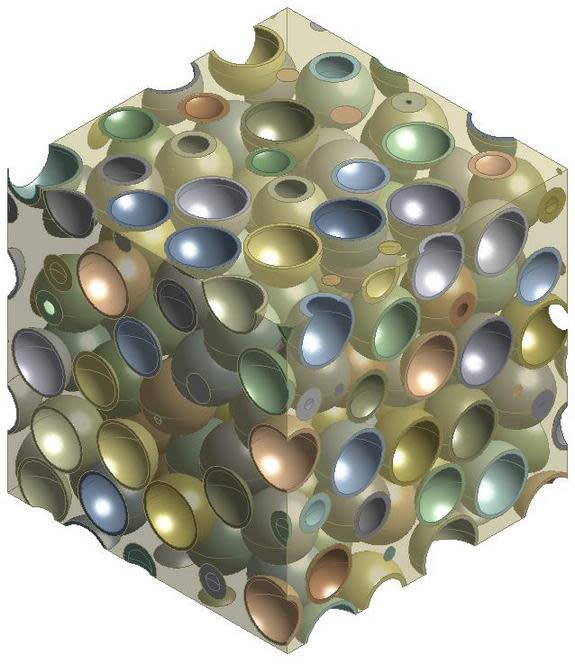 A three-dimensional model of a syntactic foam composite. The polymer resin binding the particles together is made transparent in this model to illustrate how the particles are dispersed. The hollow particles have very thin walls compared to the