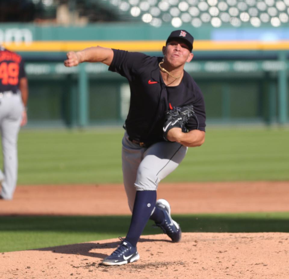 Detroit Tigers' Franklin Perez pitches during intrasquad action Friday, July 17, 2020 at Comerica Park in Detroit.