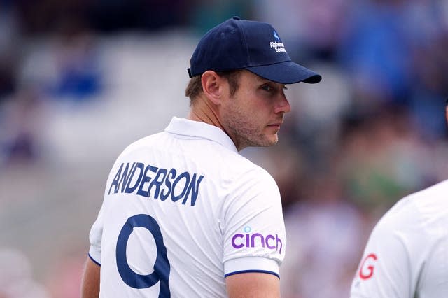 England’s Stuart Broad wearing a shirt with  James Anderson's name and number nine