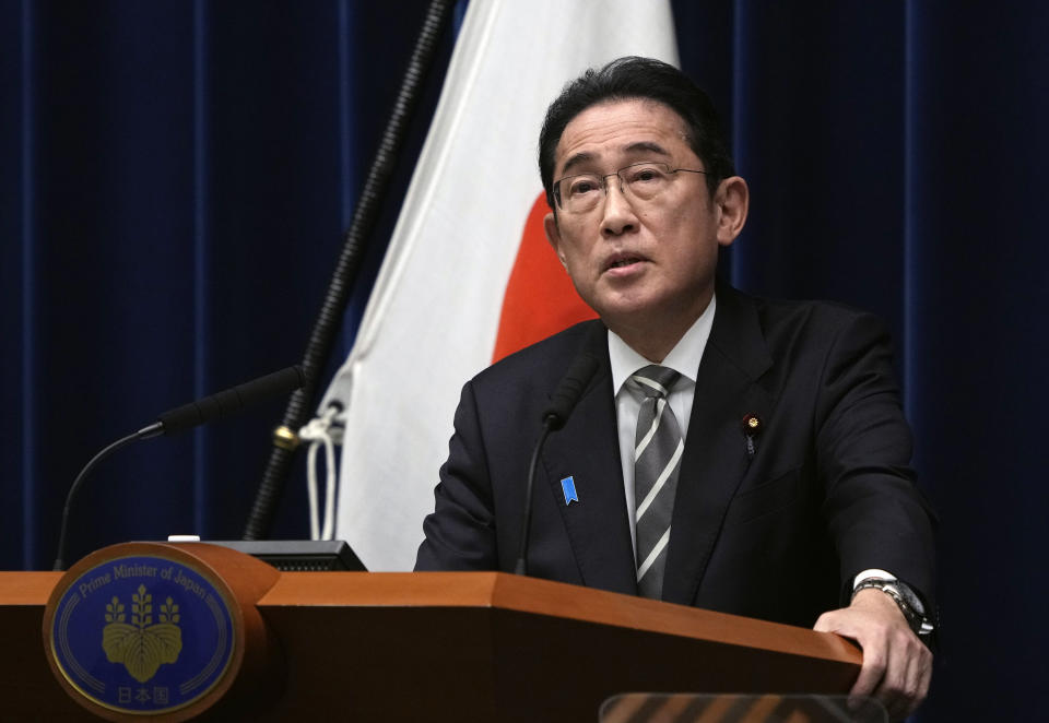 Japanese Prime Minister Fumio Kishida speaks during a news conference at the prime minister's office in Tokyo, Japan, Wednesday, Dec. 13, 2023. (Franck Robichon/Pool Photo via AP)