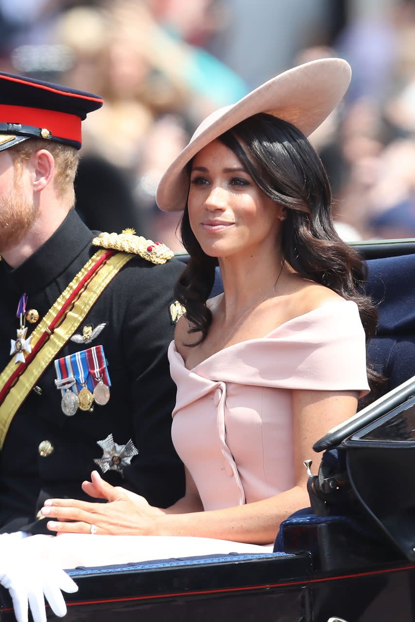 LONDON, ENGLAND - JUNE 09: Meghan, Duchess of Sussex heading back to Buckingham Palace during Trooping The Colour on the Mall on June 9, 2018 in London, England. The annual ceremony involving over 1400 guardsmen and cavalry, is believed to have first been performed during the reign of King Charles II. The parade marks the official birthday of the Sovereign, even though the Queen's actual birthday is on April 21st. (Photo by Chris Jackson/Getty Images)