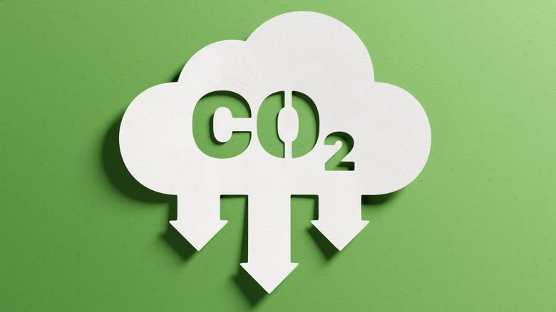 Stylized cloud design depicting decreasing carbon dioxide on a green background