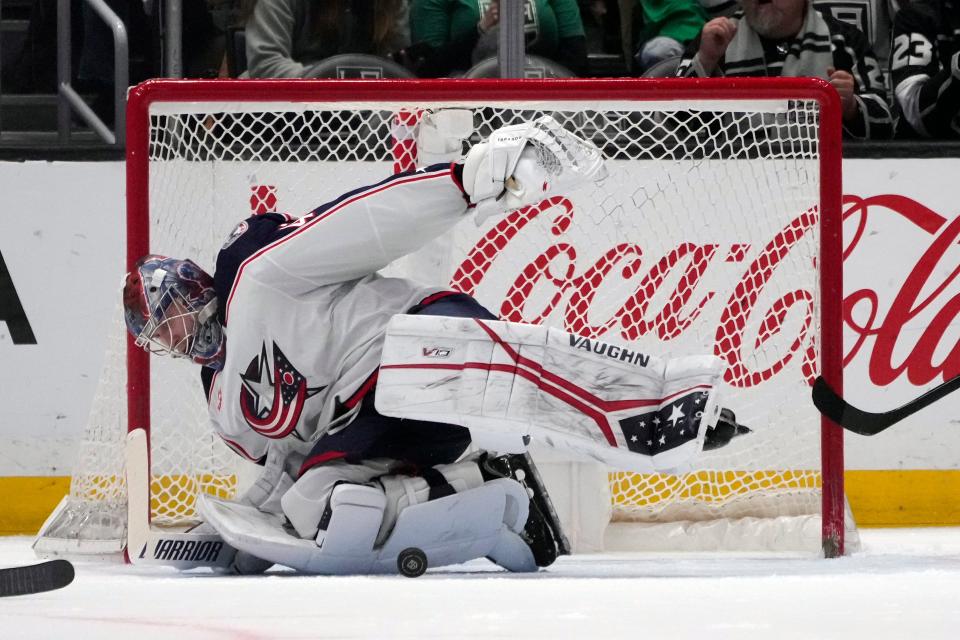 Blue Jackets goaltender Daniil Tarasov stops a shot against the Kings on Thursday.