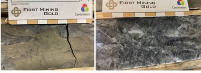 Figure 5 (A) Close-up photo of pyrite mineralization in the mafic volcanics and higher-grade mineralization from drill hole DUP24-024 at 518.5 m which was targeting the North Zone. (B) Close- up photo of mineralized quartz carbonate veining from drill hole DUP24-024 at 449 m which was targeting the North Zone and has higher grade mineralisation associated with it. (CNW Group/First Mining Gold Corp.)