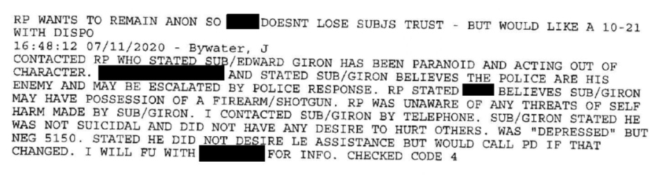 A screenshot from a San Luis Obispo Police Department report discusses Edward Giron’s mania and paranoia of law enforcement prior to the shootout on May 10, 2021, when Giron killed Det. Luca Benedetti and injured Det. Steve Orozco.