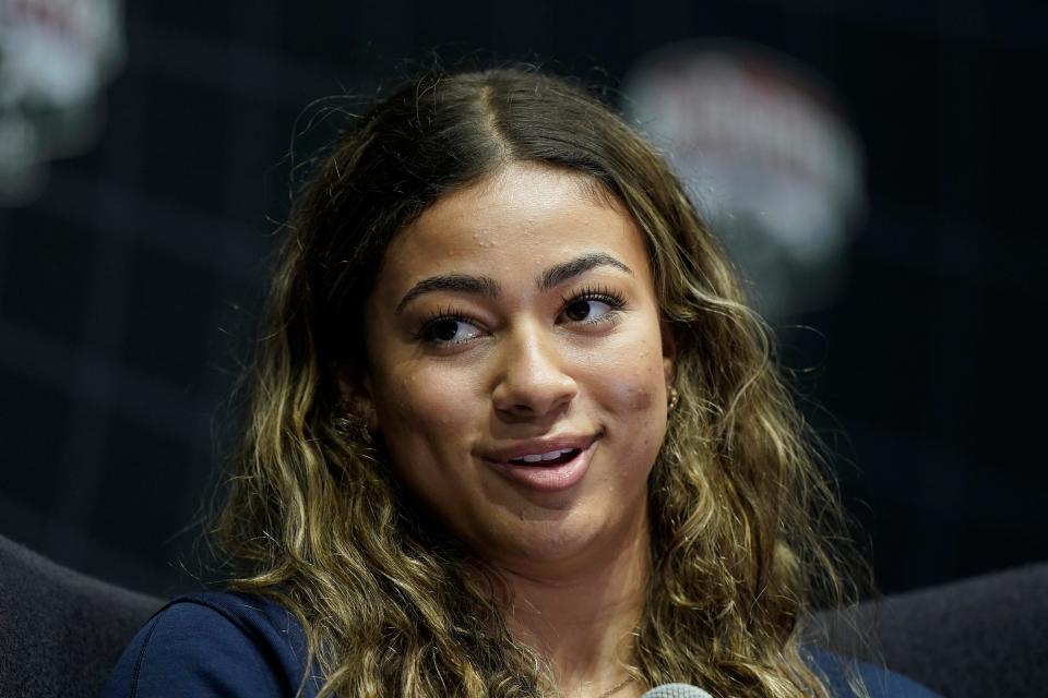 West Virginia's Kyah Watson addresses the media during the NCAA college Big 12 women's basketball media day Tuesday, Oct. 17, 2023, in Kansas City, Mo.