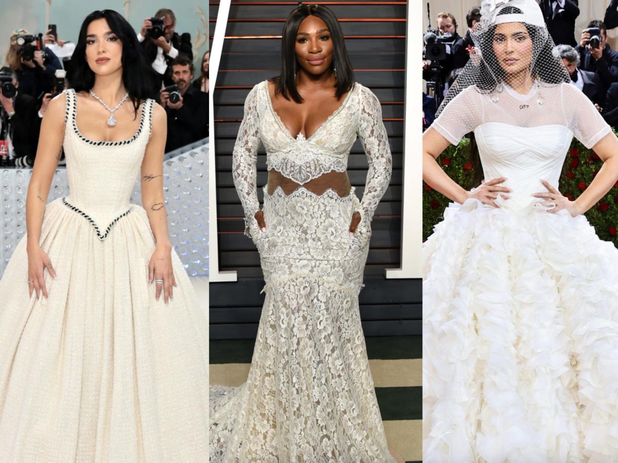 dua lipa, serena williams, and kylie jennner wearing wedding inspired looks on the red carpet