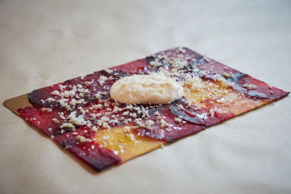 Earthy, delicate sweetness: beetroot carpaccio with “horseradish snow” (Matt Writtle)