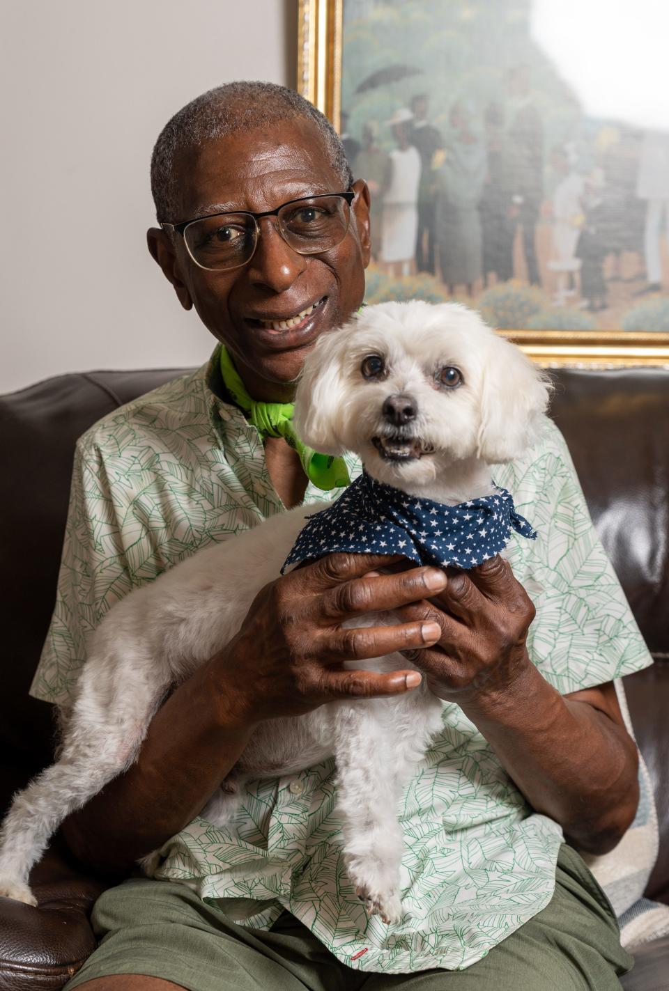 Prada, a 15-year-old Maltese mix with a heart condition, and Marty's Place Senior Pet Assistance Program Coordinator Debbie Williamson.