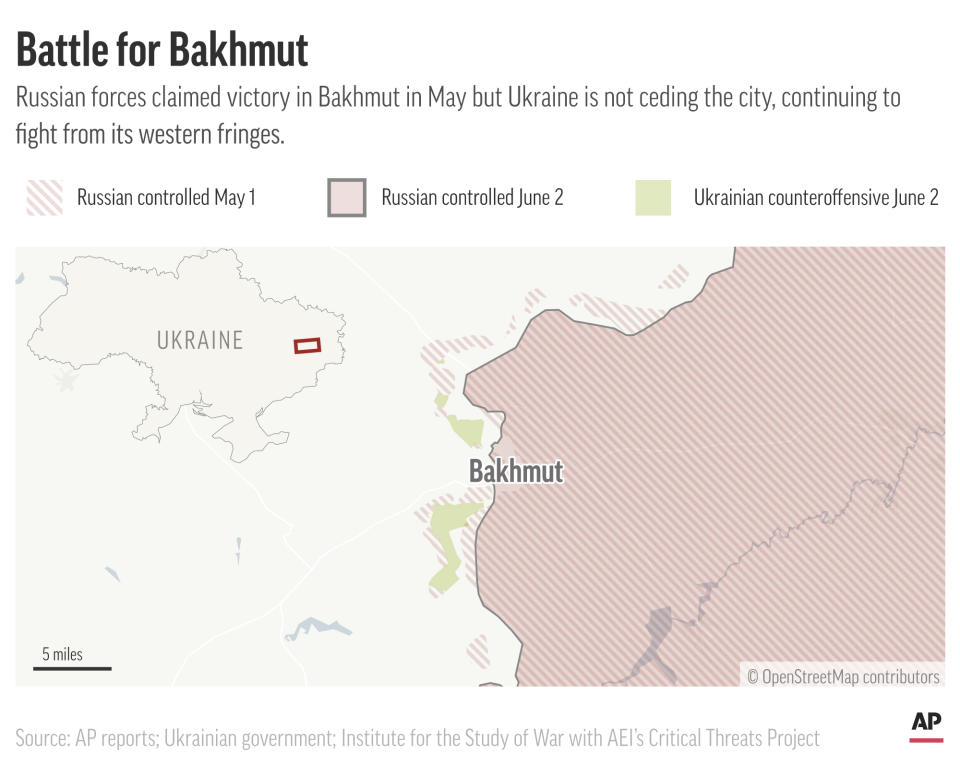 Ukrainian forces are continuing to fight for Bakhmut, a city Russia says it captured in May. (AP Graphic)