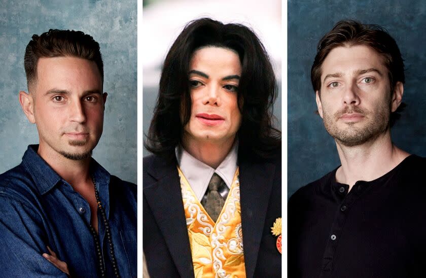 FILE - Wade Robson, left, and James Safechuck, right, pose for a portrait to promote the film "Leaving Neverland" during the Sundance Film Festival on Jan. 24, 2019, in Park City, Utah. A federal appeals court has ruled that a lawsuit filed by the Michael Jackson estate over the HBO documentary on two of the late pop star's accusers can go forward in private arbitration. (Photo by Taylor Jewell/Invision/AP, File) Center - In this May 25, 2005, file photo, Michael Jackson arrives at the Santa Barbara County Courthouse for his trial in Santa Maria, Calif. On Monday, May 3, 2021, a U.S. tax court handed a major victory to Jackson's estate in a years-long battle, finding that the IRS inflated the value of Jackson's assets and image at the time of his 2009 death. (Aaron Lambert/Santa Maria Times via AP, Pool, File)