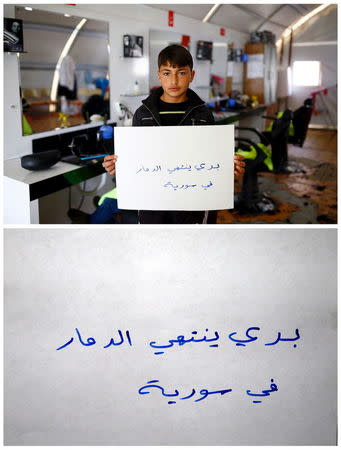 A combination picture shows Syrian refugee Abdullah El-Omer, 15, as he poses with a message written in Arabic that says: "I want an end to the war in Syria" in a barber shop he works at in Midyat refugee camp in Mardin province, Turkey, December 14, 2015 (top) and his message (bottom) December 16, 2015. REUTERS/Umit Bektas