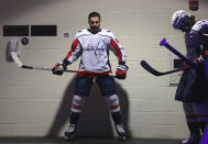 Washington Capitals' Tom Wilson prepares for warmups for the team's NHL hockey game against the New York Rangers on Wednesday, May 5, 2021, in New York. (Bruce Bennett/Pool Photo via AP)