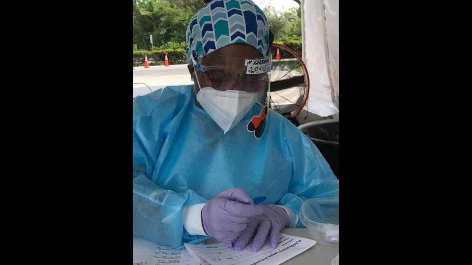 Karenine Chery, a registered nurse at the pediatric emergency unit at Joe DiMaggio Children’s Hospital in Broward County, helped with outdoor COVID-19 testing.