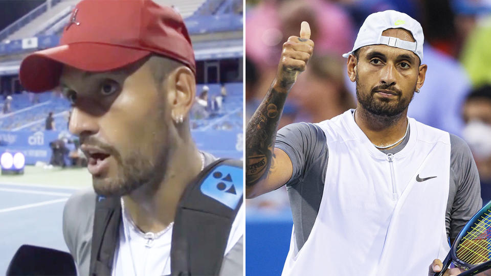 Pictured left, Nick Kyrgios speaks after his Citi Open semi-final victory.