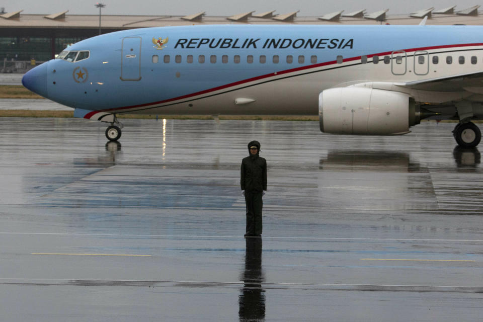 A plane with Indonesian Vice President Jusuf Kalla taxies onto the special plane terminal of the Beijing International airport ahead of the Belt and Road Forum held in Beijing on Wednesday, April 24, 2019. (AP Photo/Ng Han Guan, Pool)