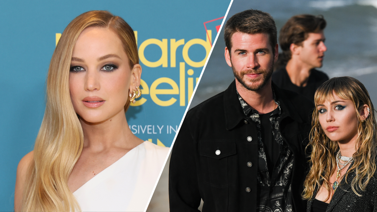 Here's why everyone is talking about a decades-old cheating rumor with Jennifer Lawrence, Liam Hemsworth and Miley Cyrus. (Photos: Getty Images)