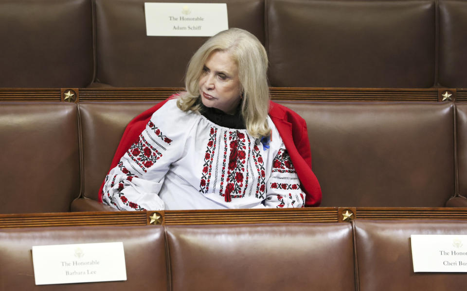 Rep. Carolyn Maloney, D-N.Y., wears an embroidered shirt in honor of Ukraine as she arrives ahead of President Joe Biden's first State of the Union address to a joint session of Congress at the Capitol, Tuesday, March 1, 2022, in Washington. (Evelyn Hockstein/Pool via AP)