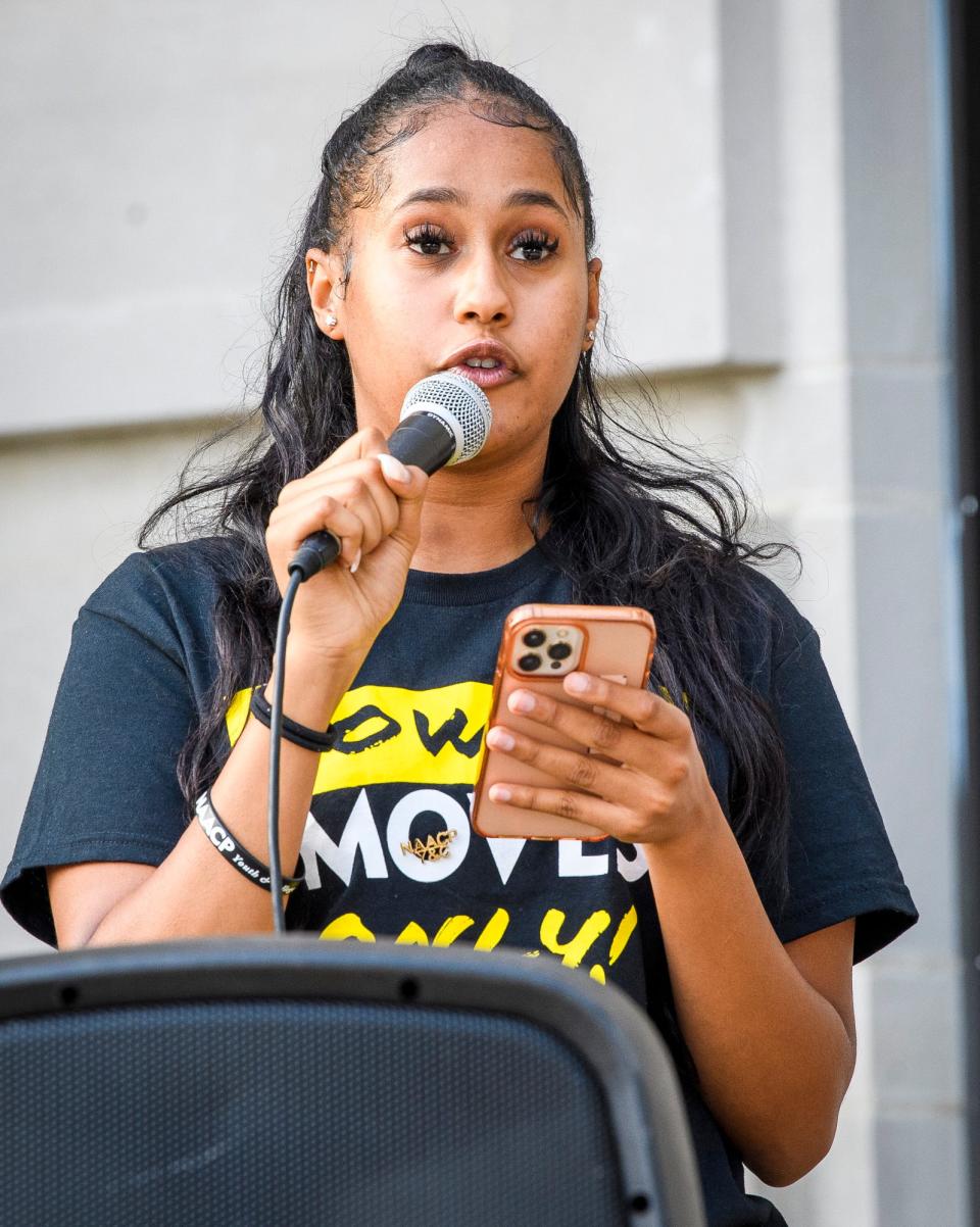 Vice President of the IU Chapter of the NAACP Semhar Araya speaks at the Monroe County Courthouse on Wednesday, Sept. 14, 2022 during the We Are Hoosiers: A Vigil for Reproductive Freedom demonstration before the near total abortion ban goes into effect on Sept. 15, 2022.