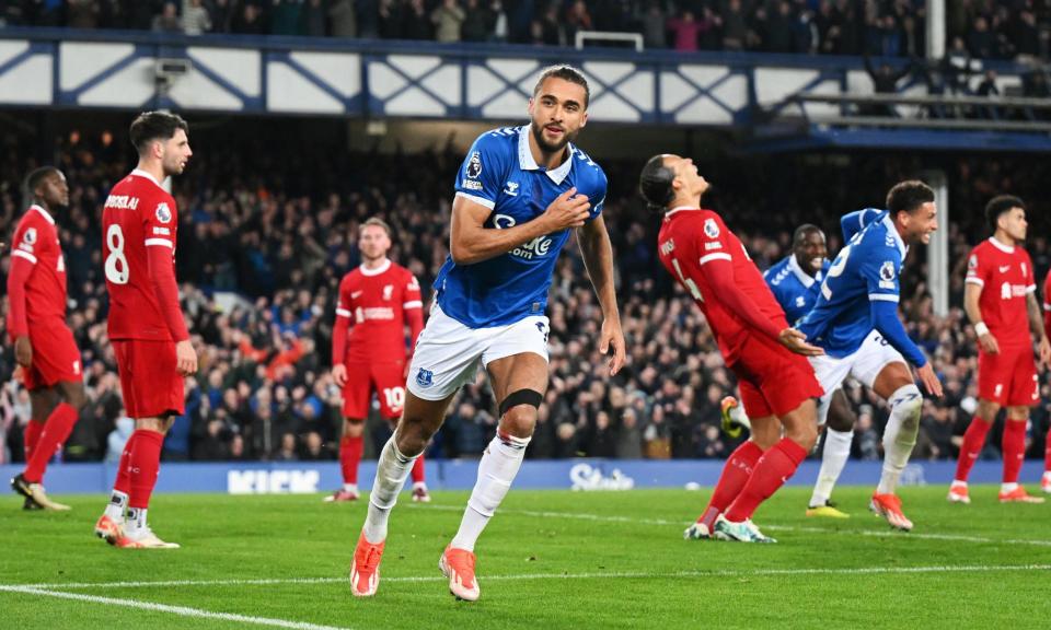 <span><a class="link " href="https://sports.yahoo.com/soccer/players/390042/" data-i13n="sec:content-canvas;subsec:anchor_text;elm:context_link" data-ylk="slk:Dominic Calvert-Lewin;sec:content-canvas;subsec:anchor_text;elm:context_link;itc:0">Dominic Calvert-Lewin</a> celebrates <a class="link " href="https://sports.yahoo.com/soccer/teams/everton/" data-i13n="sec:content-canvas;subsec:anchor_text;elm:context_link" data-ylk="slk:Everton;sec:content-canvas;subsec:anchor_text;elm:context_link;itc:0">Everton</a>’s second goal.</span><span>Photograph: Michael Regan/Getty Images</span>